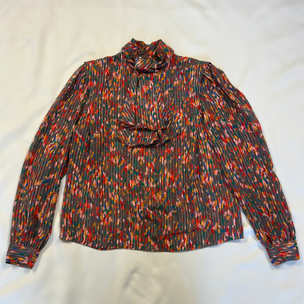 Vtg Blouse Top Size 10 Colorful Confetti Art Print Mock Neck Secretary 80s 90s